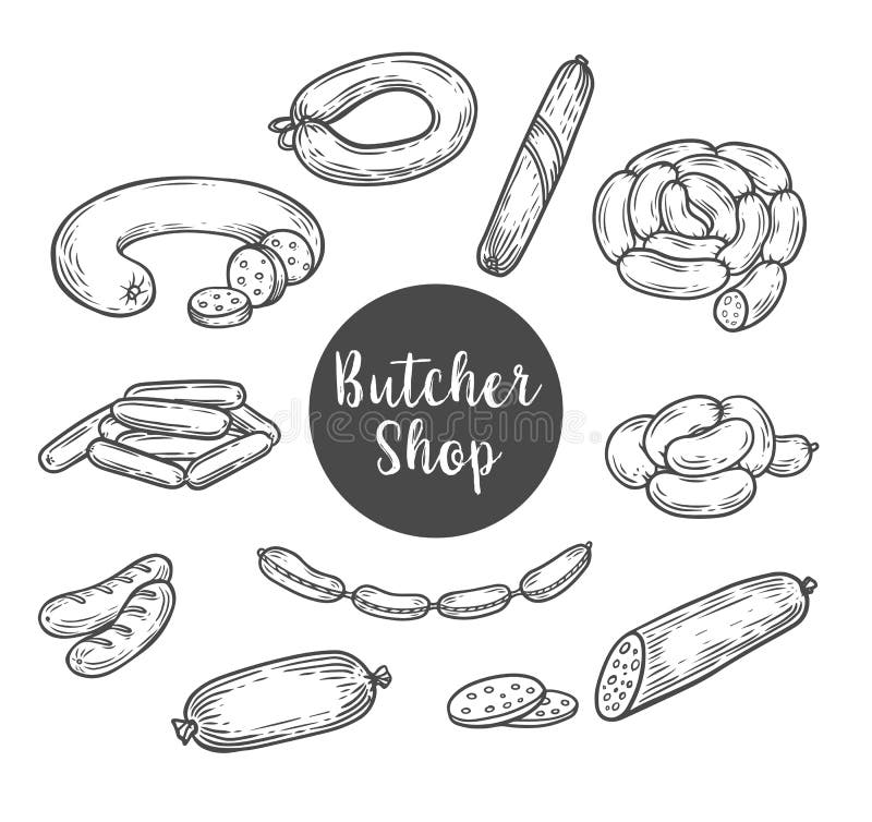 Sketch for butcher shop with wurst and sausage