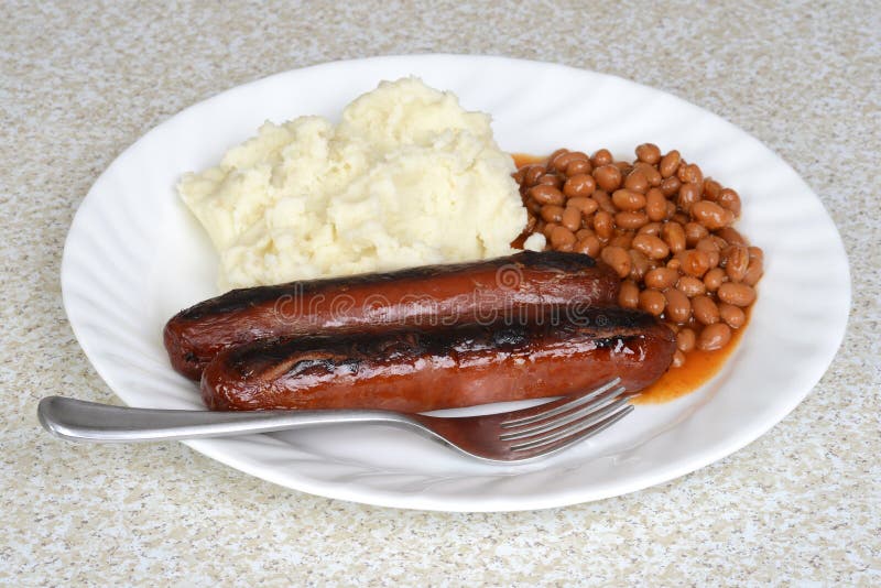 Sausages with Mashed Potatoes and Beans Stock Image Image of closeup