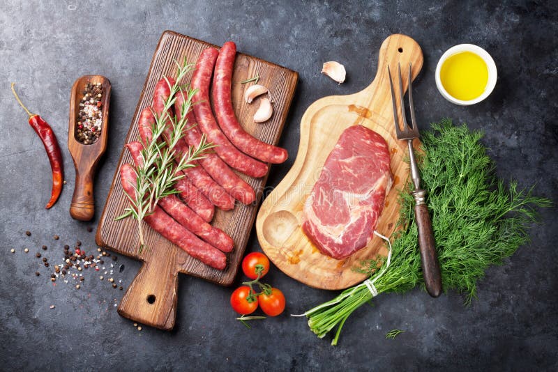 Sausages and meat cooking stock photo. Image of sausage 80276190
