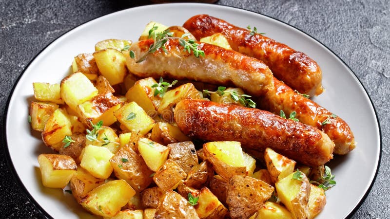 bangers and roasted potatoes on a plate