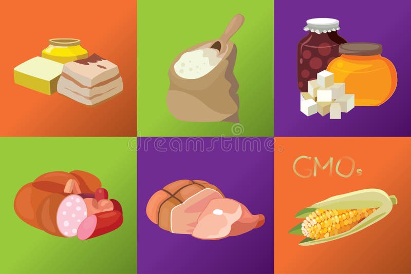 Sausages, smoked meats, simple carbohydrates, refractory fats, G stock illustration Sausages, smoked meats, simple carbohydrates, refractory fats, G stock illustration