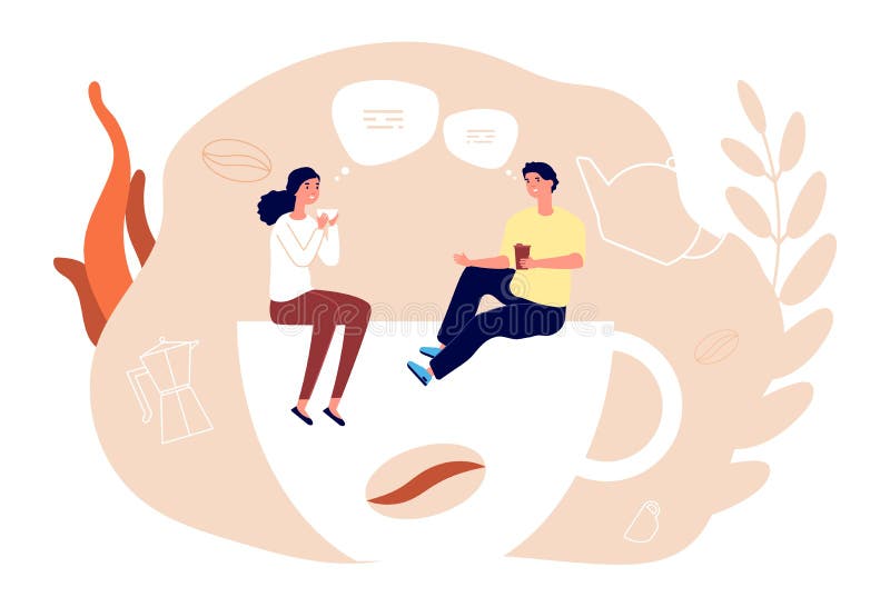 Saut de bureau. Boire du thé et du café d'homme de femme de déjeuner d'administrateurs. Sortir avec dans la conversation de couple illustration stock