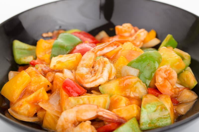 Sauted Mixed Vegetables and Shrimp with Tomato Sauce Stock Image