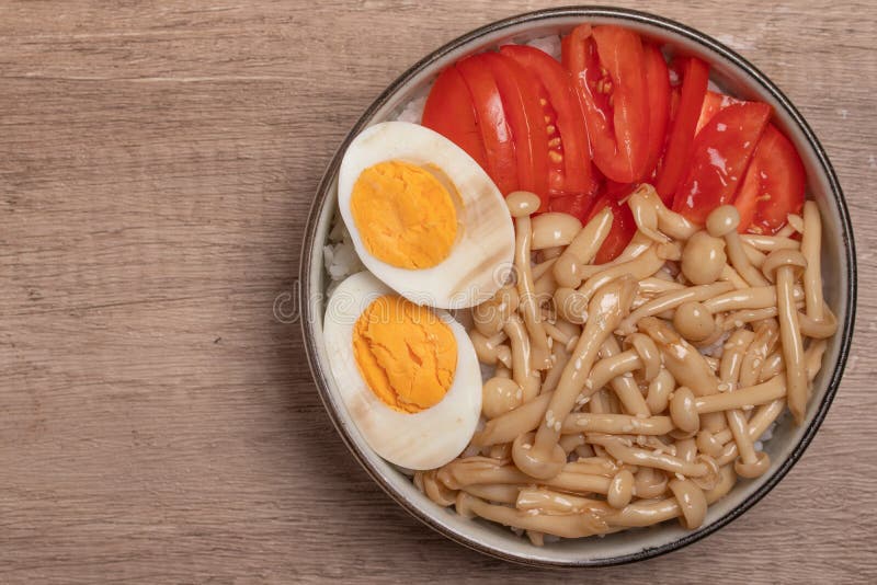 Sauteed Mushrooms with Boiled Eggs and Tomatoes Healthy Food Stock