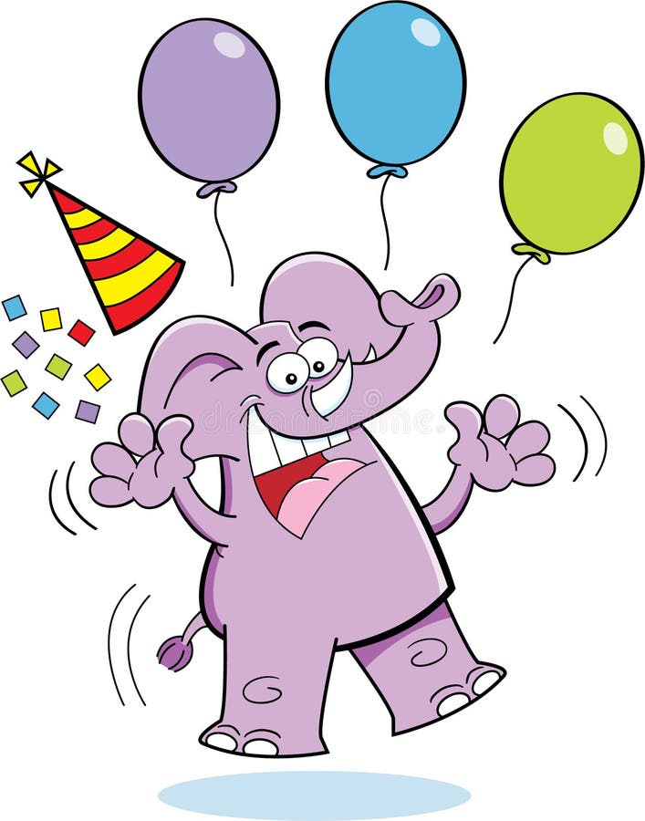 Cartoon illustration of an elephant jumping with a party hat and balloons. Cartoon illustration of an elephant jumping with a party hat and balloons
