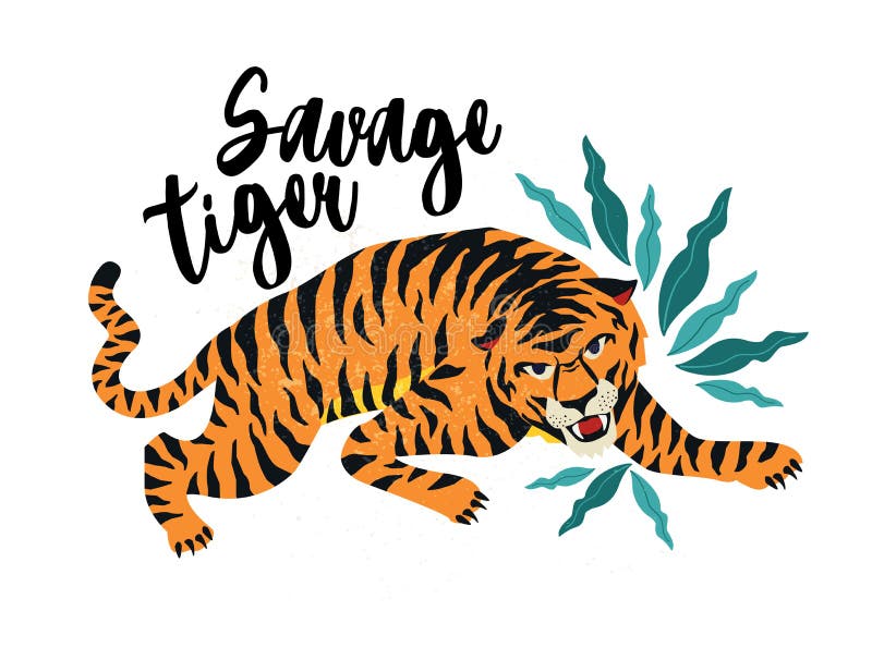 Savage Tiger Ejemplo del vector del tigre con las hojas tropicales Diseño de moda para la tarjeta, cartel, camiseta stock de ilustración Savage Tiger Ejemplo del vector del tigre con las hojas tropicales Diseño de moda para la tarjeta, cartel, camiseta stock de ilustración