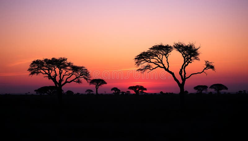 Savana africana silhouette al tramonto e paesaggi dell'ora d'oro scene Generative AI. Un tramonto di una savana africana mozzafiato con alberi di siluro che crea una scena paesaggistica oraria e mostra l'iconico paesaggio della savana con alberi di acacia e colori vivaci del tramonto. Questa immagine cattura immagini di bellezza e tramonto perfette per i temi della savana tramonta paesaggi africani silhouettes dorata ora e paesaggi della savana Generative AI