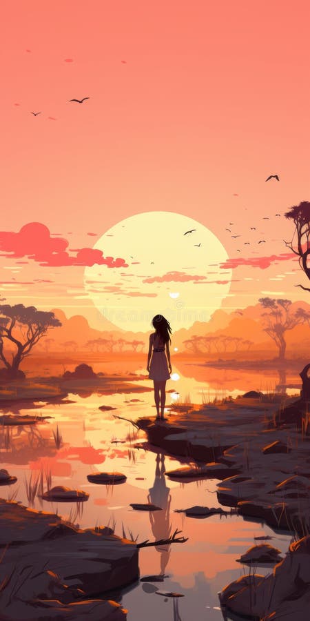 Savanna Sunset: A Beautiful Anime-inspired Illustration In 8k Resolution