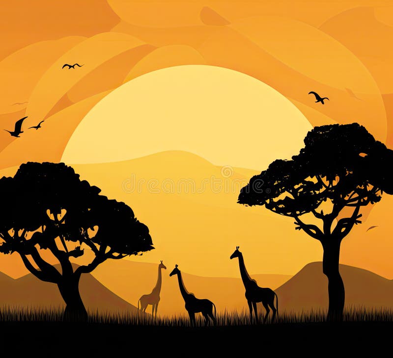 Savannah Evening Fauna. Silhouette of Giraffe Animals, Birds, Trees on
