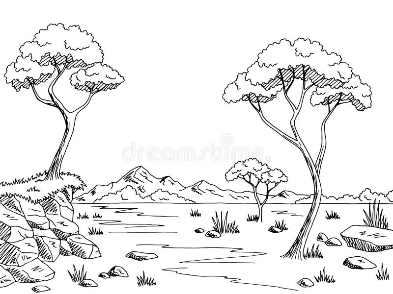 Savannah Graphic Black White Landscape Sketch Illustration Stock Vector
