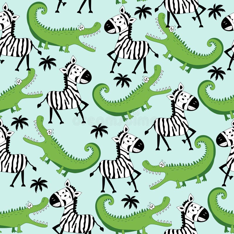 Savannah model impecabil zebra amuzanta si imaginea vectorului desenat manual de crocodil. vector illustration