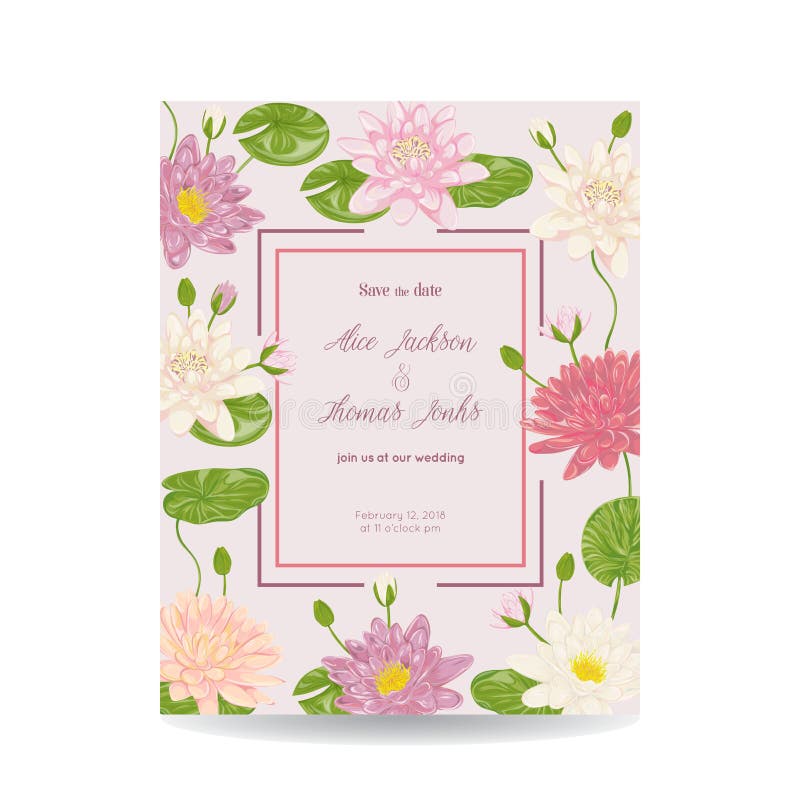 Save the date card with water lily flowers, leaves and buds.