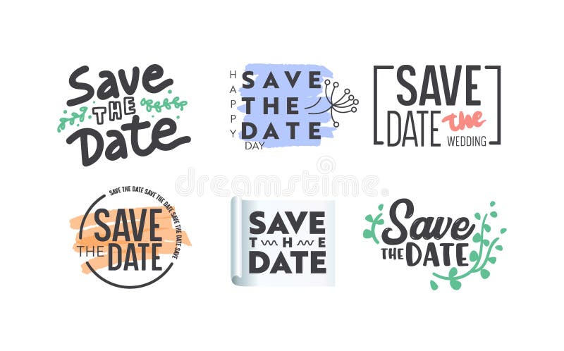 Save the Date Icons or Banners Set with Typography or Lettering and