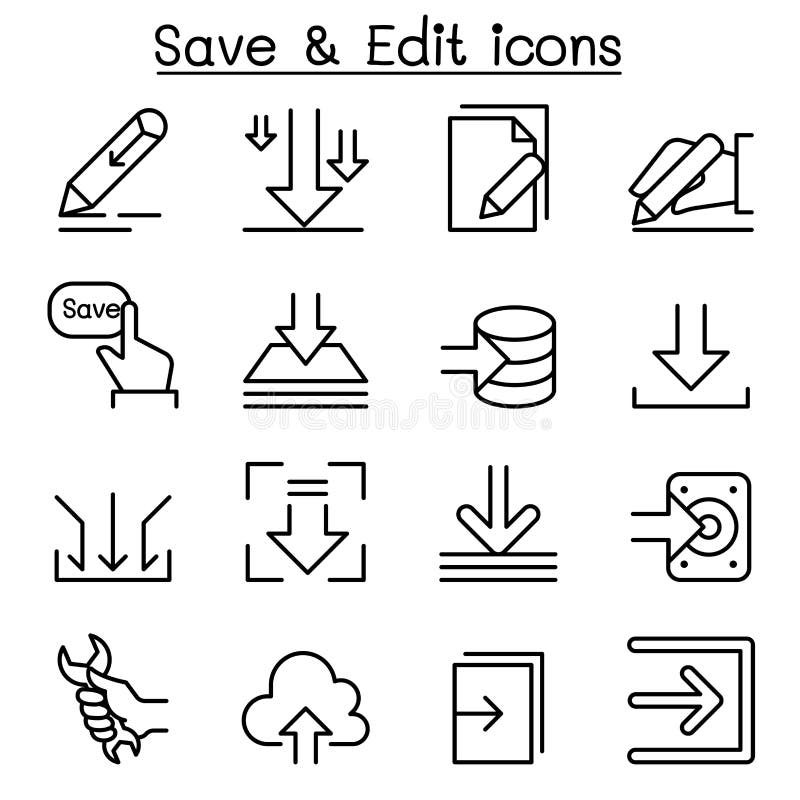 Save & Edit Data icon set in thin line style stock illustration