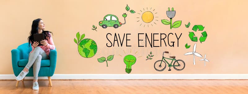 Save energy concept with woman using a tablet stock images Save energy concept with woman using a tablet stock images
