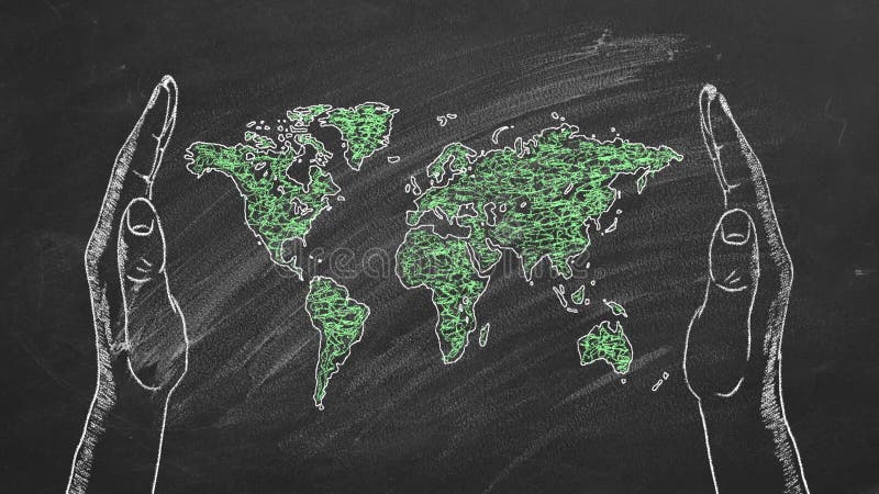Save our world. Two male palms with world map chalk drawn and animated on the blackboard. Earth day. Save our world. Environmental conservation
