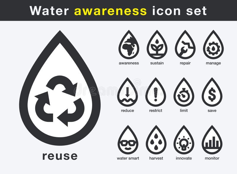 Save water awareness icon set. Smart water use drops with symbol stock illustration Save water awareness icon set. Smart water use drops with symbol stock illustration
