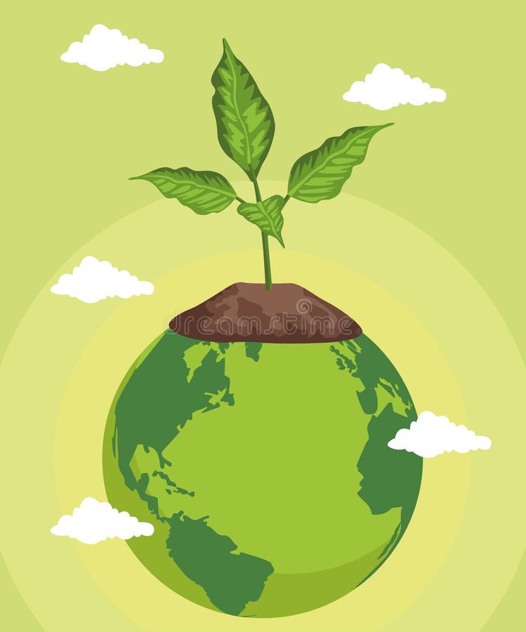 Save The World Environmental Poster With Earth Planet And Tree Plant