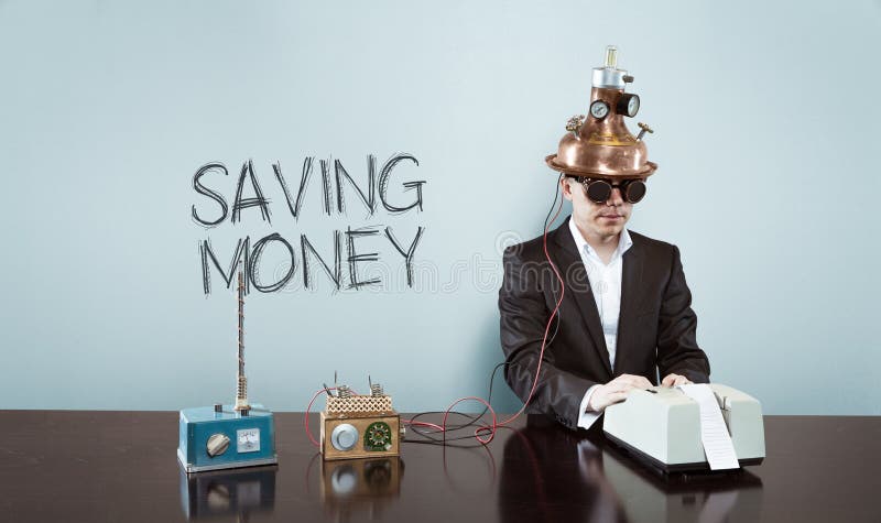Saving money text with vintage businessman at office royalty free stock photo Saving money text with vintage businessman at office royalty free stock photo