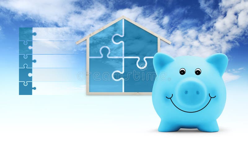 Savings concept, piggy bank with house shape and puzzle symbols, isolated on sky background, infographic for green buildings royalty free illustration Savings concept, piggy bank with house shape and puzzle symbols, isolated on sky background, infographic for green buildings royalty free illustration