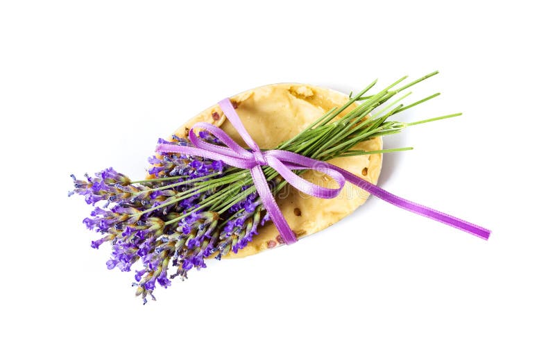 Savon de lavande avec la fleur d'isolement sur le blanc photo stock Savon de lavande avec la fleur d'isolement sur le blanc photo stock