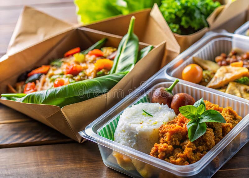 Njut av autentiska indonesiska smaker En läcker hemlevererad måltidsupplevelse väntar vektor illustrationer