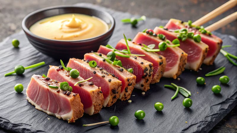 Savor the Freshness Gourmet Tuna Tataki Skewers cu Spicy Aioli și Chives A Culinar Delight royalty free illustration