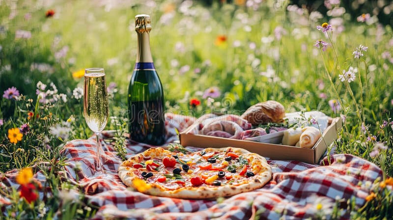 Savor är en charmerande picknickscen med hantverksmässig pizza och bubblande i en solbelyst skugga vektor illustrationer