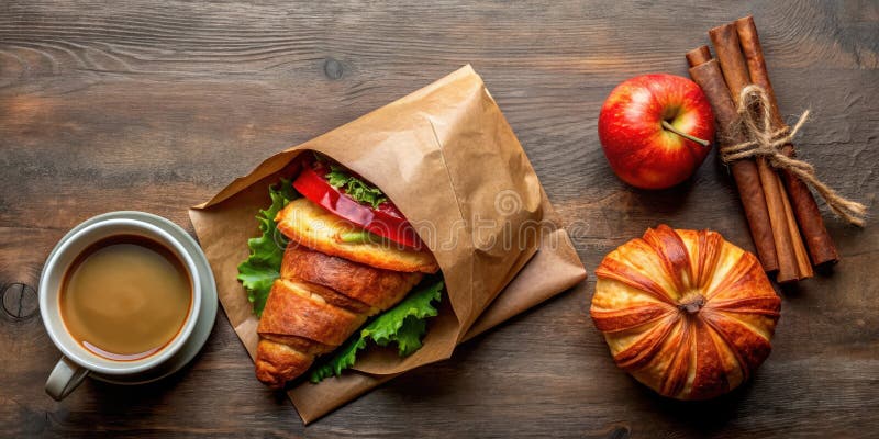 Savory Croissant Sandwich mit Kaffee Apfel und Kürbisgebäck auf rustikalem Holz. Generative AI stock abbildung