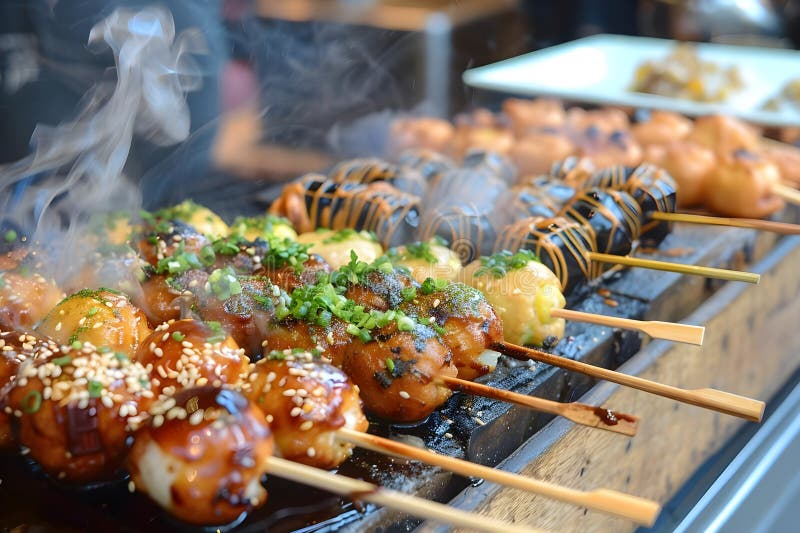 Savory Grated Chiftele Delicious Street Food with Sweet Glaze Sesame Seeds and Fresh Herbs Cook on a Charco royalty free stock photography