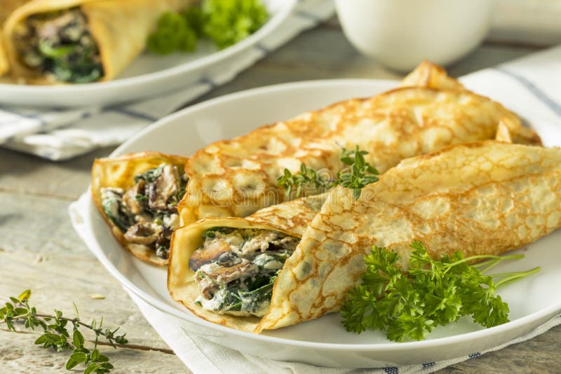 Savory Homemade Mushroom and Spinach Crepes Stock Photo Image of food