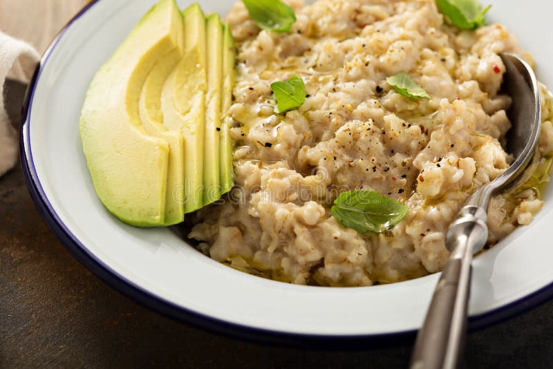 Savory Oatmeal Porridge with Olive Oil and Avocado Stock Photo Image