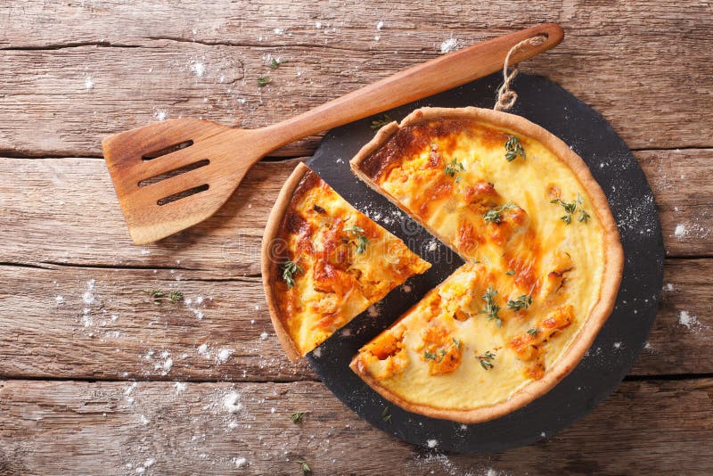 Savory Pie with Pumpkin, Cheese, Chicken and Herbs Closeup. Hori Stock