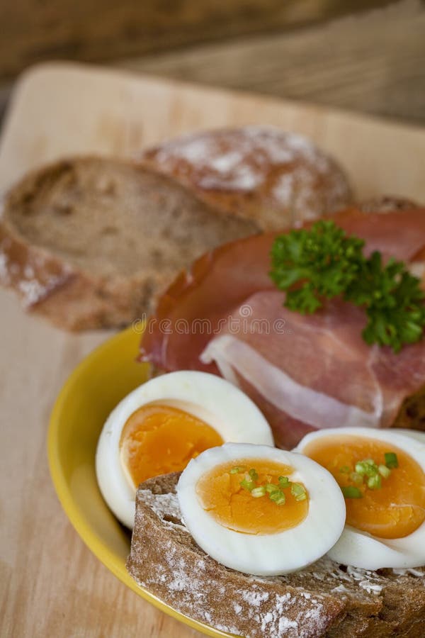 Savoury Snack with Bread, Ham and Eggs Stock Photo Image of rustic