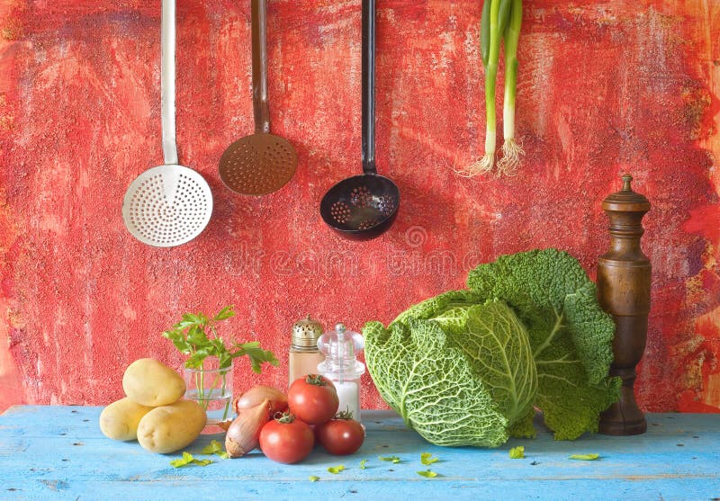 Savoy cabbage and various vegetables royalty free stock image