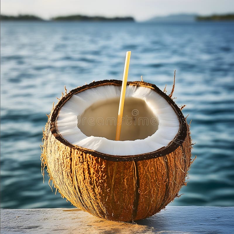 Savurând apă dulce de nucă de cocos într-o zi însorită, lângă marea liniștită, într-un paradis tropical. AI generativ stock illustration