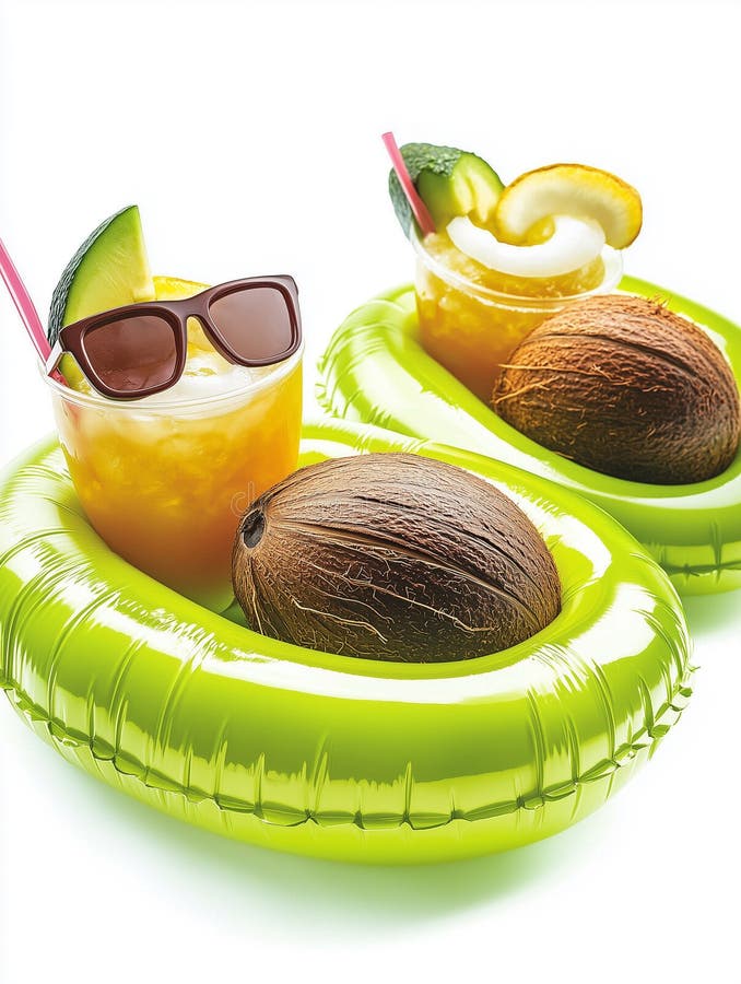 Savurând băuturi tropicale în colace gonflabile colorate în timpul unei întâlniri de vară royalty free stock image