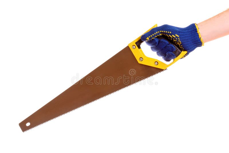 Saw in Hand with Protection Gloves Isolated Stock Photo Image of