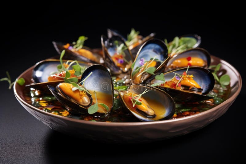 Savory Mussels boiled restaurant bowl. French food. Generate AI AI generated. Savory Mussels boiled restaurant bowl. French food. Generate AI AI generated