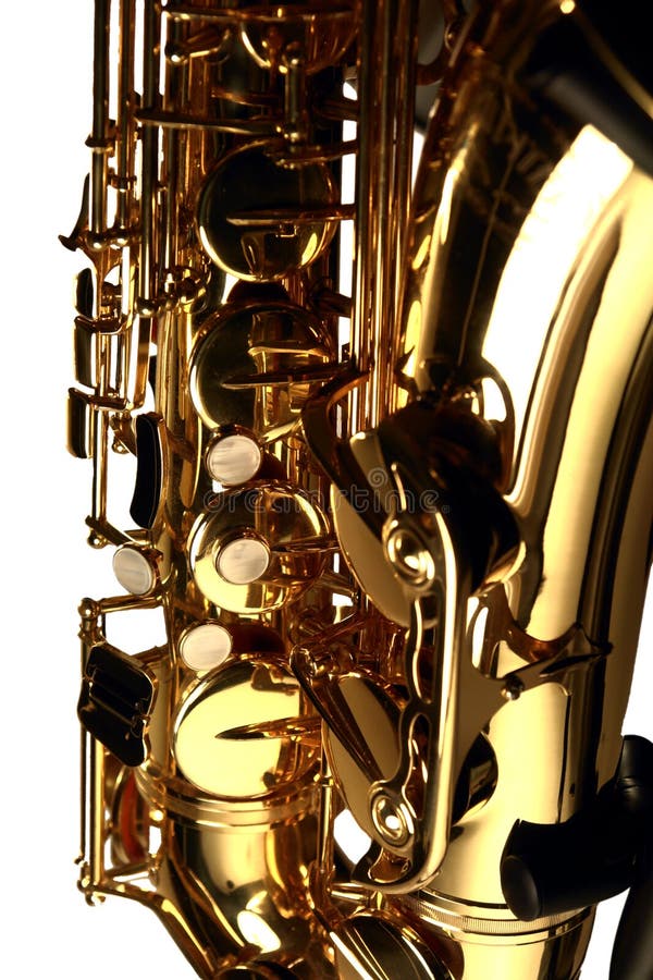 The keys and bell of a tenor saxophone. The keys and bell of a tenor saxophone