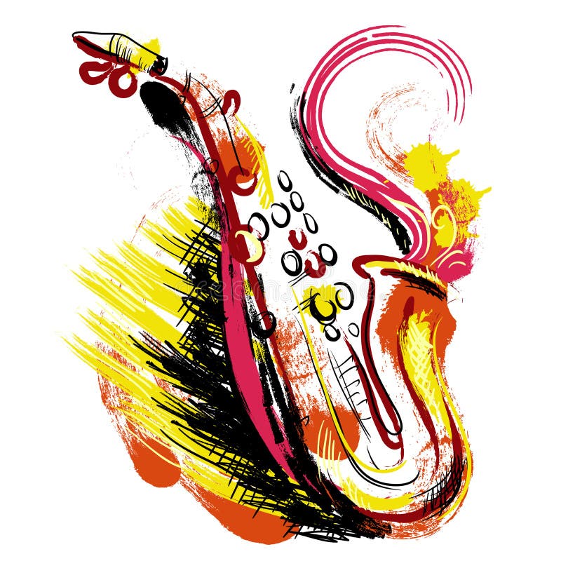 Saxophone Arte disegnata a mano di stile di lerciume Retro illustrazione variopinta di vettore illustrazione di stock