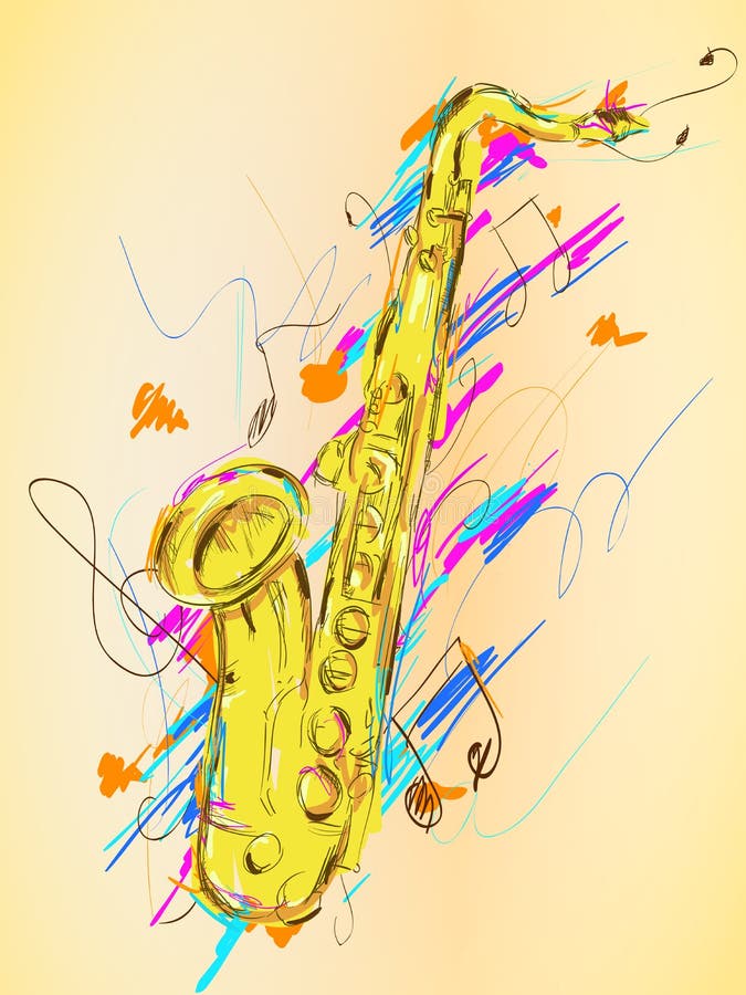 Saxophone Drawing Sketching on Blackboard Stock Illustration