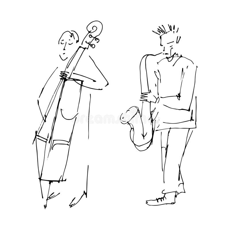 Saxophonist and contrabass player. Jazz band illustration. Musical instruments: saxophone and double bass. Black vector illustration