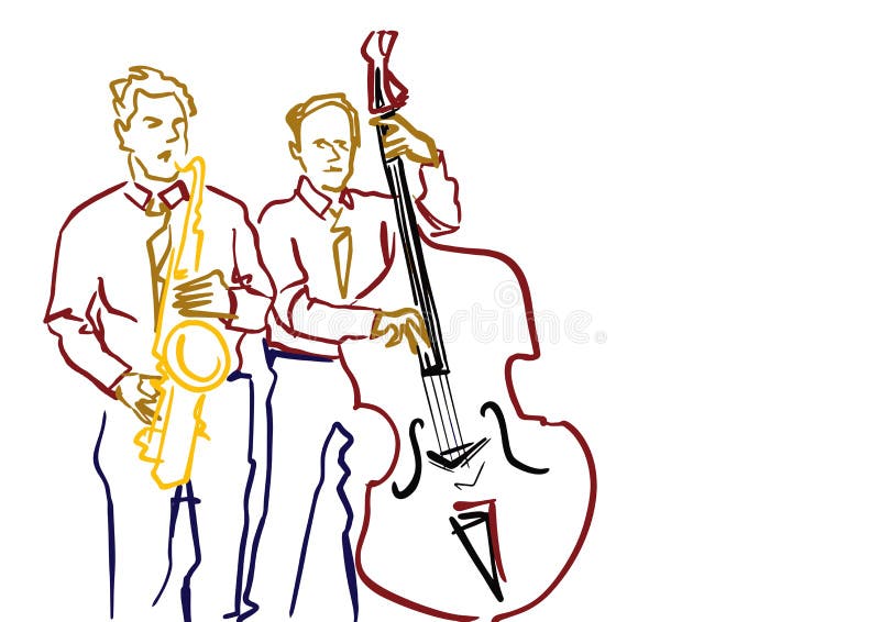 Saxophonist and contrabass player. Jazz band illustration. stock illustration