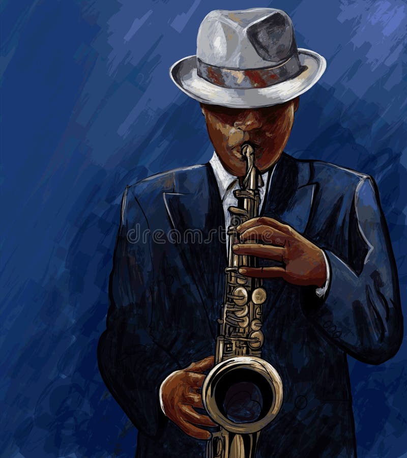 Saxophonist playing saxophone on a blue background