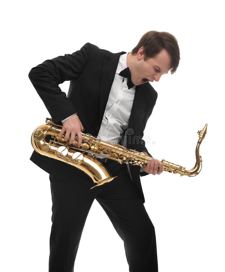 Saxophonist Playing Saxophone Hard Rock With A Funny Face. Stock Photo