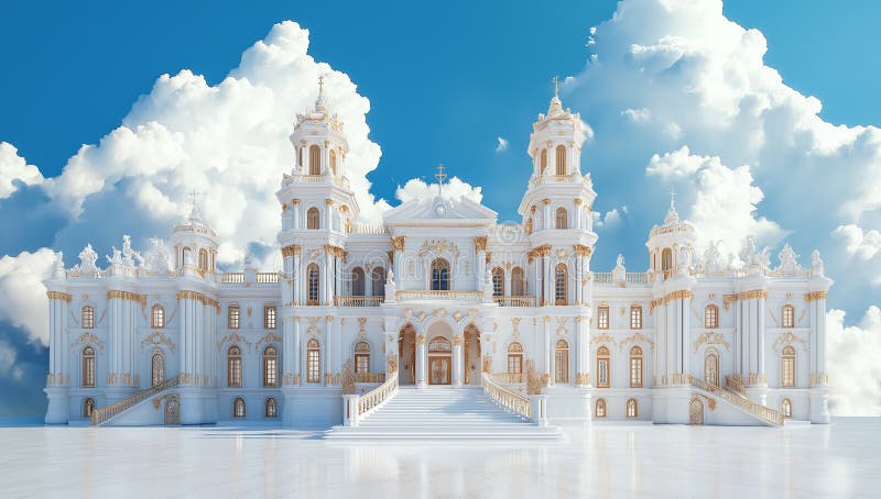 Sbalorditivo rendering in 3D di castello gotico bianco con scale a grana circondate da nuvole fluide e cielo azzurro brillante evo royalty illustrazione gratis
