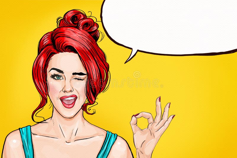 Sbattere le palpebre la ragazza sta mostrando il segno GIUSTO con il fumetto Ragazza di Pop art Invito del partito Cartolina d'au Sbattere le palpebre la ragazza sta mostrando il segno GIUSTO con il fumetto Ragazza di Pop art Invito del partito Cartolina d'au