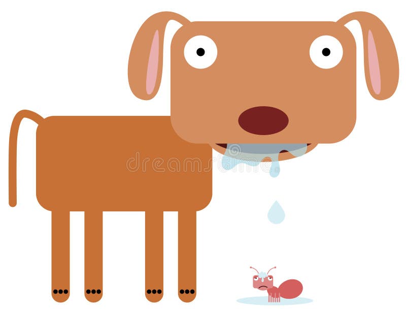 A drooling dog with it's saliva falling on an ant. A drooling dog with it's saliva falling on an ant