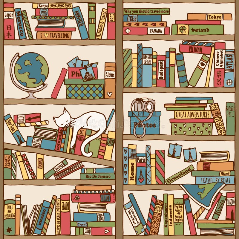Scaffale per libri disegnato a mano con il gatto & i diari di viaggio di sonno